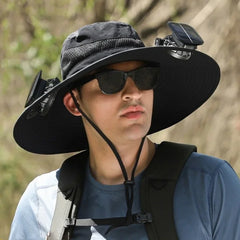 Men’s Solar Fan Sun Hat – Wide Brim UPF 50+ Protection | Dual Power (USB + Solar) | Adjustable Outdoor Hat for Beach, Hiking & Fishing