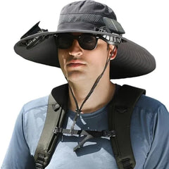 Men’s Solar Fan Sun Hat – Wide Brim UPF 50+ Protection | Dual Power (USB + Solar) | Adjustable Outdoor Hat for Beach, Hiking & Fishing